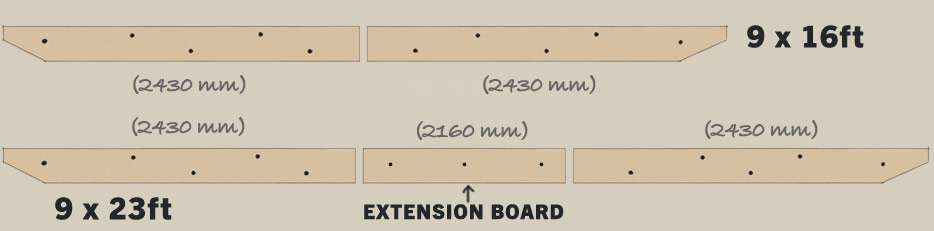 A diagram of the ledger boards required to mount a 9ft x 16ft pergola or a 9ft x 23ft pergola to a wall